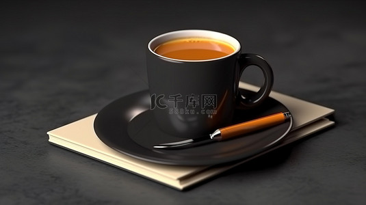 办公室咖啡背景图片_黑色背景上一杯咖啡旁边的笔记本的 3D 插图特写