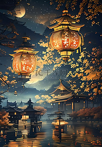 春节背景图片_灯笼中国风夜晚插画