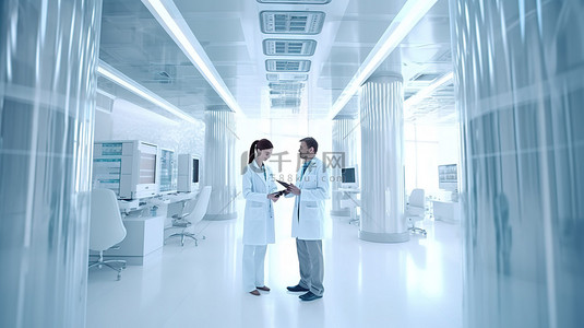 男医生女医生背景图片_医疗专业人员男女医生站在现代室内，配有数字设备