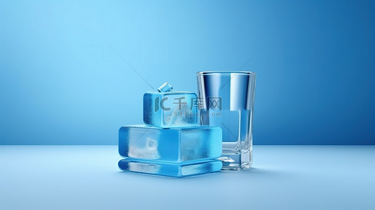 3D 渲染冰块和产品站在蓝色背景上