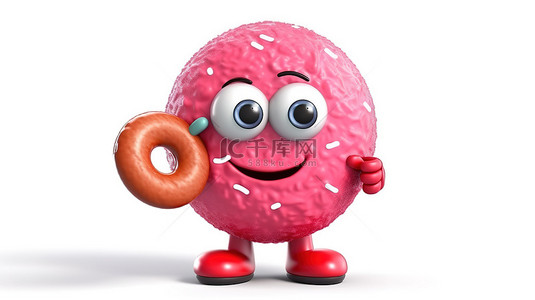 3D 渲染放大镜挥舞的角色吉祥物，形状像白色背景上的釉面粉红色草莓甜甜圈