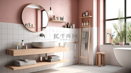 斯堪的纳维亚风格的酒店浴室配有粉色瓷砖墙壁大镜子和时尚的灰色洗脸盆 3D 渲染