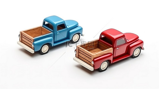 蓝色木制背景背景图片_白色背景上红色和蓝色木制拾取汽车的 3D 插图
