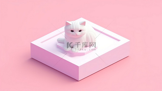 扁平的白色和粉色家居用品，带有白色猫雕像的等距 3D 图标