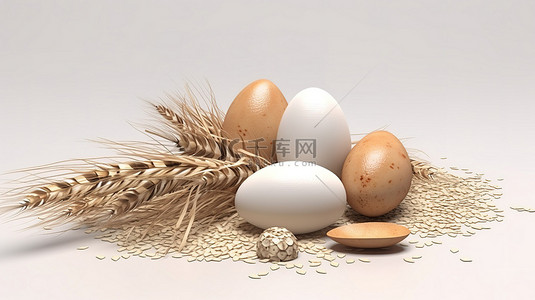 白色背景下小麦和鸡蛋的 3d 插图