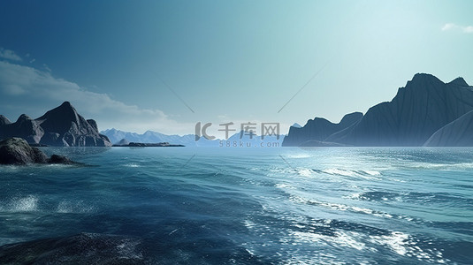 3D 渲染背景雄伟的海湾坐落在海边令人惊叹的山峰之中