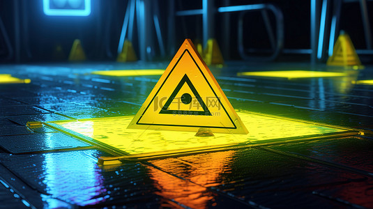 湿地面背景图片_3D 渲染加密货币警告标志与黄色 tron 湿地板的插图