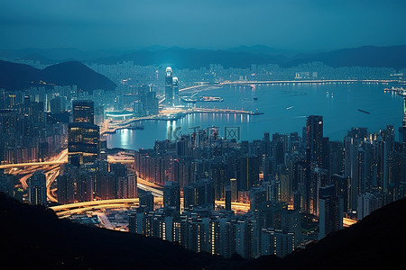 海洋背景图片_黄昏时分香港天际线的景色
