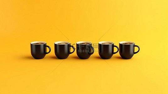 咖啡背景图片_3D 呈现的充满活力的黄色背景上的黑咖啡杯集合