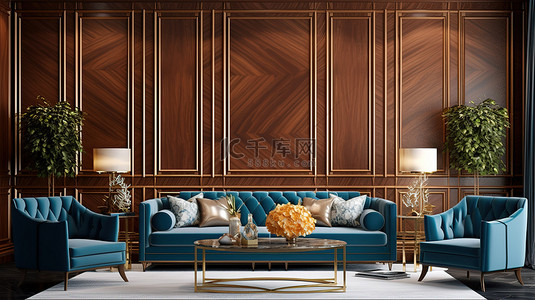 金色沙背景图片_优雅的客厅配有木质镶板金色口音蓝色家具和棕色墙壁，豪华 3D 渲染