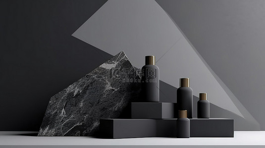 金色奢华背景图片_当代黑色花岗岩背景和高架平台展示几何化妆品 3D 渲染
