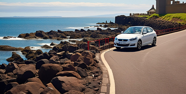 五一车展背景图片_一辆白色汽车沿着一条布满岩石的狭窄小路行驶