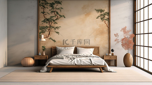 简约的日式 3D 渲染室内卧室与艺术背景