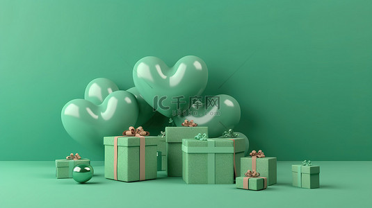 绿色背景的 3d 渲染，带有爱心气球和礼盒，庆祝快乐的情人节