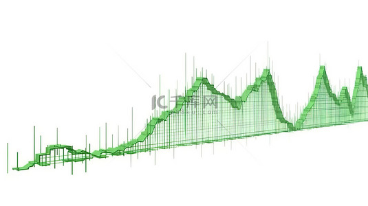 绿色 3D 渲染图像中的最小交易图在白色背景上隔离，描述股票市场数据分析