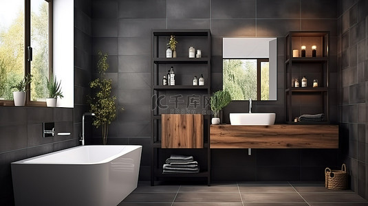 现代浴室内部的 3D 渲染，配有深色格子瓷砖墙