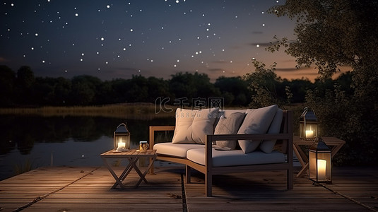 咖啡桌背景图片_河滨甲板，配有扶手椅咖啡桌和 3D 插图中的星空夜空