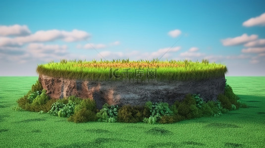 土地背景图片_草地上的圆形土地讲台 3D 渲染土壤横截面，绿草郁郁葱葱，蓝天映衬