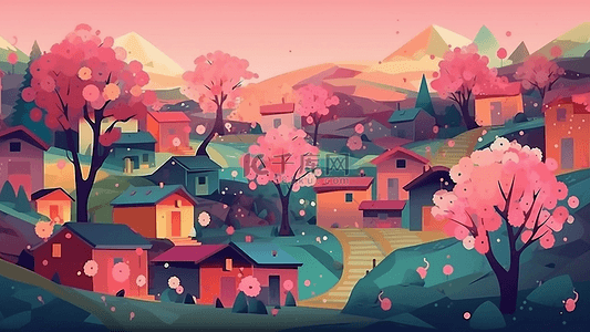 粉色房屋背景图片_卡通房子村庄很多房子大树粉色