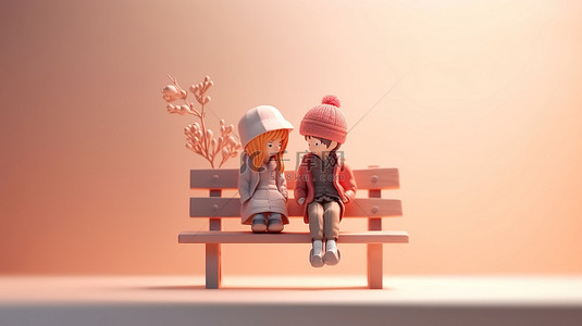 可爱的年轻情侣共享一张长凳 3D 渲染