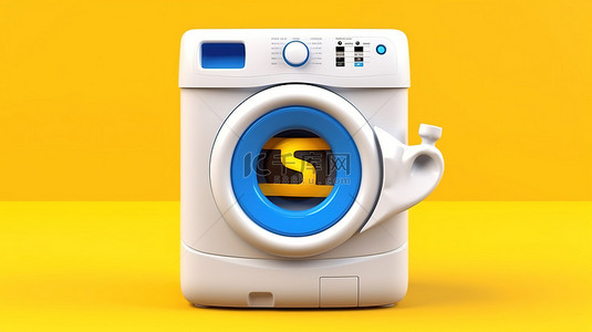 卡通手镯背景图片_白色洗衣机角色吉祥物的 3D 渲染，在充满活力的黄色背景上佩戴蓝色健身追踪器