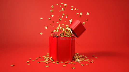 新年豪礼背景图片_从打开的红色礼品盒中爆炸硬币，红色背景上带有金丝带蝴蝶结的 3D 渲染