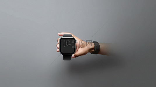 带有黑色表带的智能手表和卡通手触摸灰色背景 3D 插图上的空模型屏幕
