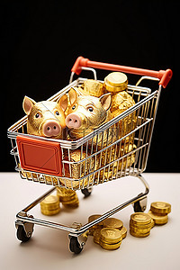 猪金猪背景图片_购物车里有存钱罐的金猪