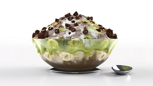 卡通风格 3d 渲染绿茶巧克力浇头和刨冰 bingsu 与冰淇淋隔离在白色背景