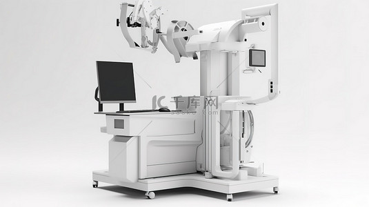 带显示器的 C 臂医学成像机的白色背景 3D 渲染