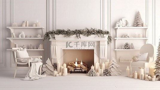 圣诞房间壁炉背景图片_农舍风格的圣诞壁炉内部 3D 渲染模型