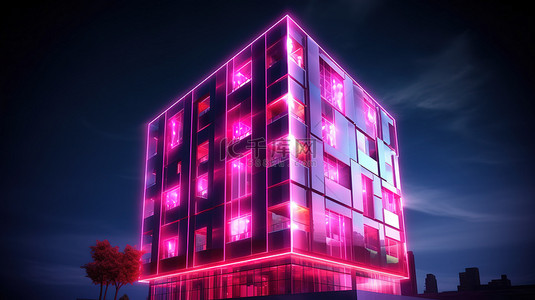 高耸的黑暗建筑 3D 渲染上带有 LED 显示屏的闪烁粉红色照明