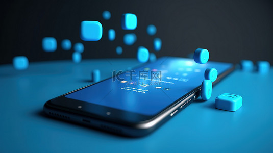 蓝色背景，带有 3d 渲染的智能手机，带有聊天框缩略图 url