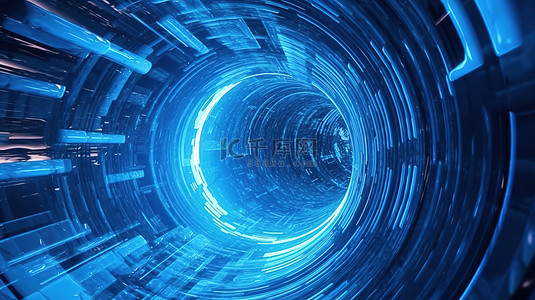 数据动效背景图片_蓝色未来漏斗穿越空间中的抽象虫洞线框