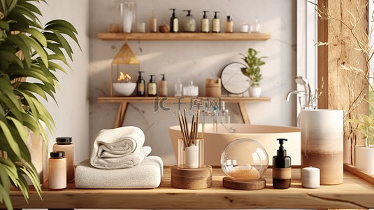 浴室台背景图片_波西米亚风格木制家具浴室内饰，带农舍风格化妆品展示 3D 渲染
