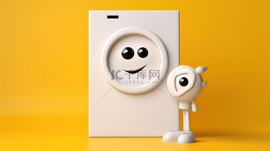 白色洗衣机吉祥物的 3D 渲染，带有空白支架，用于黄色背景上的广告促销