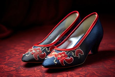 婚鞋背景图片_中国传统红蓝刺绣丝绸花边婚鞋