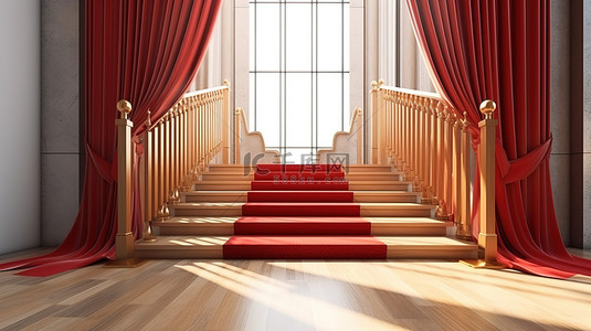 一扇带混凝土楼梯的木门，上面装饰着红色窗帘，代表着成功希望野心和梦想的概念