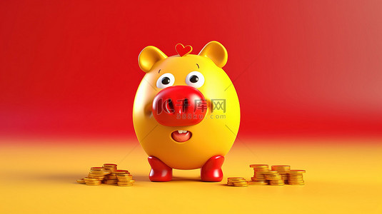 黄色背景的 3D 渲染，带有红心人物吉祥物，拿着存钱罐和金币