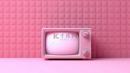 柔和背景上的复古粉色和白色最小卡通电视屏幕，带有媒体连接图标 3D 渲染插图