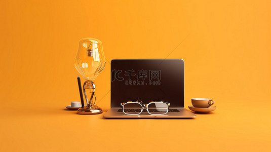 笔记本电脑悬浮在数字创建的橙色背景上的咖啡杯文具和灯泡中