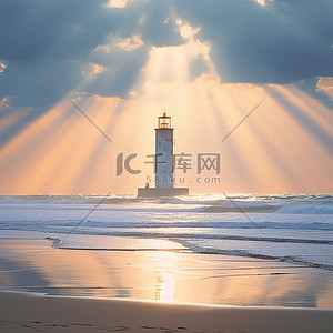 海洋灯塔背景图片_靠近海洋的灯塔，海滩上有阳光