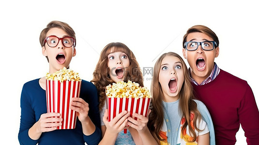 全家福背景图片_戴着 3D 眼镜爆米花桶的一家人在白色背景的电影院里独自看电影时感到惊讶