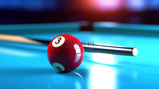红色球杆击球 3 在模糊的蓝色台球中的 3D 插图