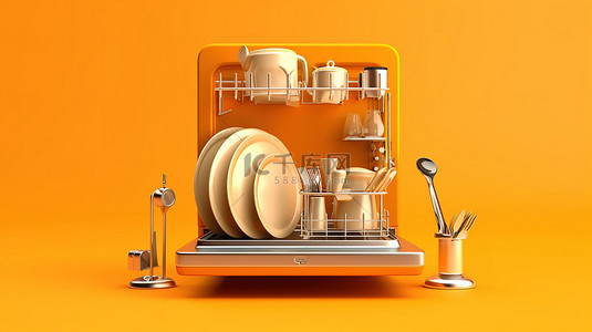 橙色背景下带有家居用品的洗碗机的 3D 渲染