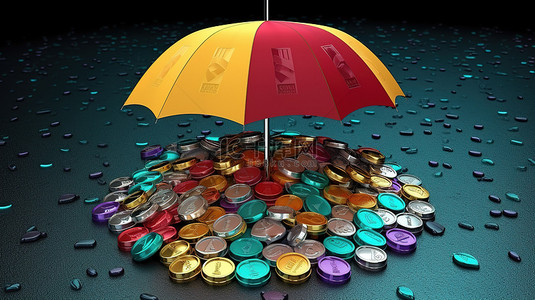 雨伞卡通背景图片_nem 硬币在雨伞的庇护下沐浴着加密财富 3d 孤立插图