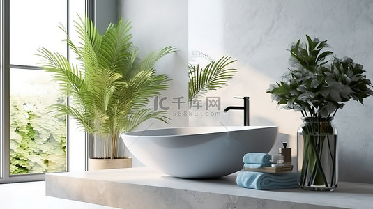 浴室背景图片_优雅的大理石浴室，配有梳妆台和 3D 渲染盆栽植物