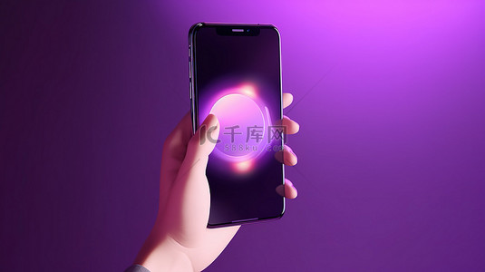 3D 卡通手握智能手机上孤立的紫色背景手机样机
