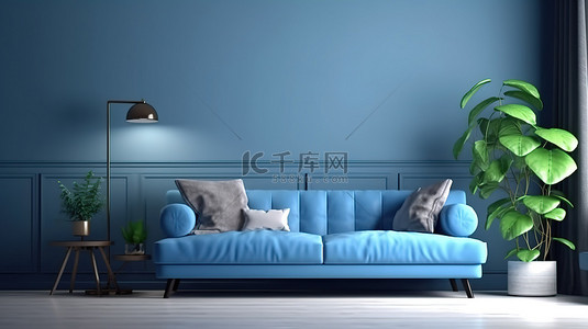舒缓的蓝色布艺沙发和郁郁葱葱的绿色植物装饰着这个空荡荡的客厅 3D 渲染