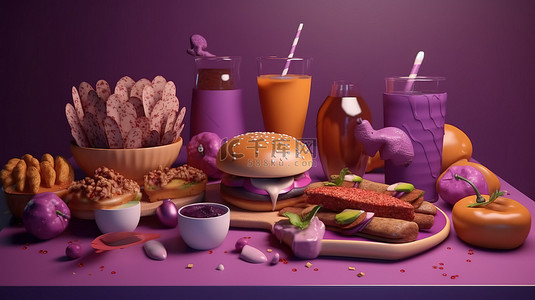 美味快餐的 3D 渲染，包括汉堡热狗披萨和咖啡，在充满活力的紫色背景上
